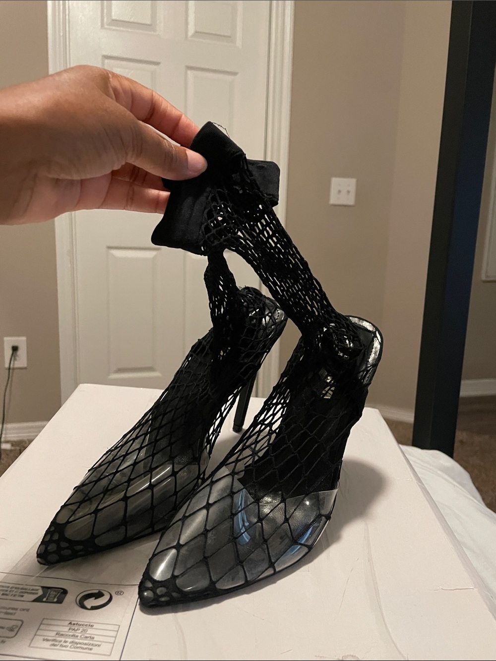 Zara Black Fishnet Sock Pointed Stiletto Heels
